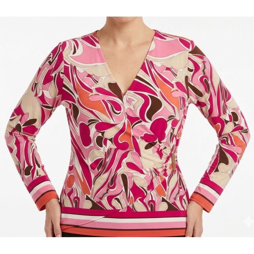 NWT Adrienne Vittadini Faux Wrap Top L Pink Orange Psychedelic Swirl Mod V-Neck